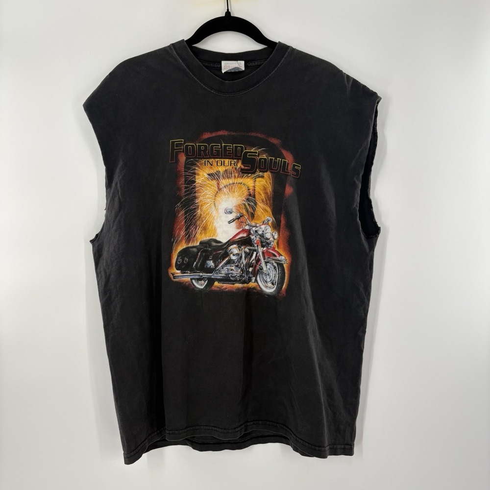 Motorcycle Men's XL Biker Y2K Shirt Black No Sleeve Forged In Our Souls Tank